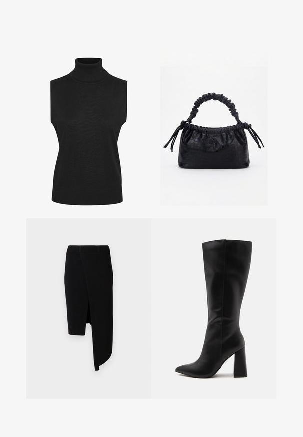 Suéter negro sin mangas con cuello alto, fabricado en material acanalado, que presenta una silueta ajustada y un cuello elevado. Los detalles incluyen un dobladillo recto.; Falda negra de material suave, con un dobladillo asimétrico y una abertura frontal, con una textura lisa y una cintura ajustada.; Botín alto de cuero negro con punta puntiaguda y tacón alto y grueso sobre un fondo claro y liso.; Bolso negro con textura de cocodrilo, borde superior fruncido, asa recogida y cordones con borlas en cada lado sobre un fondo blanco.