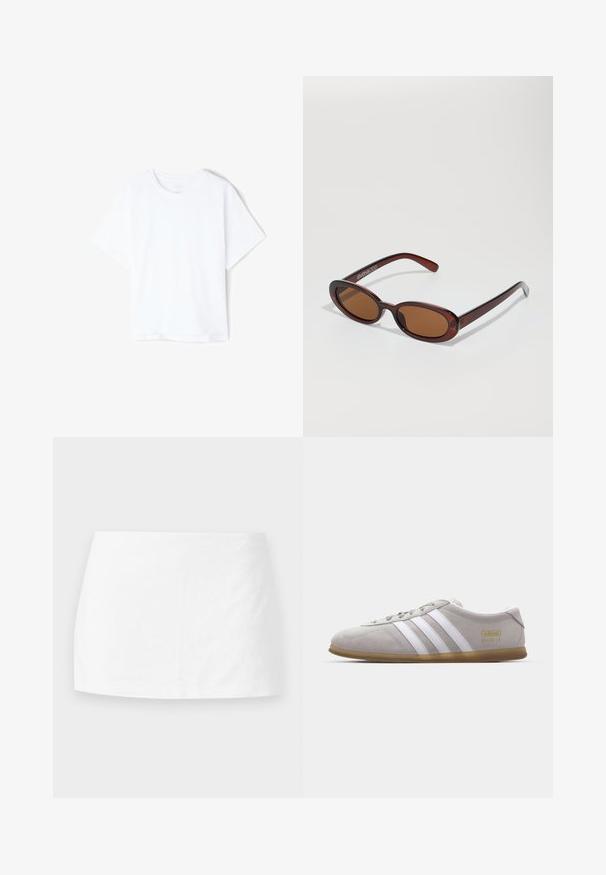 Camiseta blanca lisa de algodón con manga corta y cuello redondo, presentada plana sobre un fondo blanco.; Mini falda blanca hecha de una tela suave. Corte recto con un diseño simple, sin patrones ni accesorios visibles, que presenta una estética limpia y minimalista.; Zapatilla de ante gris con rayas de cuero blanco y detalle del logo en dorado. Suela plana de goma, punta redondeada y diseño clásico de cierre con cordones.; Gafas de sol redondas con tinte marrón y un marco burdeos brillante. Patillas delgadas con un sutil detalle de marca. Diseño de lentes planos.