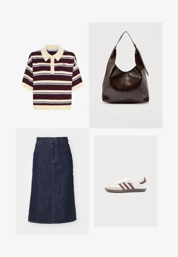 Korte mouwen polo shirt in kastanjebruin en crèmekleurige strepen met lichtblauwe accenten, met een kraag en knoopsluiting. Zacht gebreide stof.; Donkere spijkerrok met een hoge taille, recht gesneden, voorzakken en gestikte naden. Voorzien van een rits en knoopsluiting op de taille.; Witte Adidas Samba sneaker met bruine suède strepen, bruine suède neus en gumzool op een lichtgrijze achtergrond.; Donkerbruine glanzende leren schoudertas met een enkele brede riem en gespsdetail aan één kant, tegen een effen lichte achtergrond.