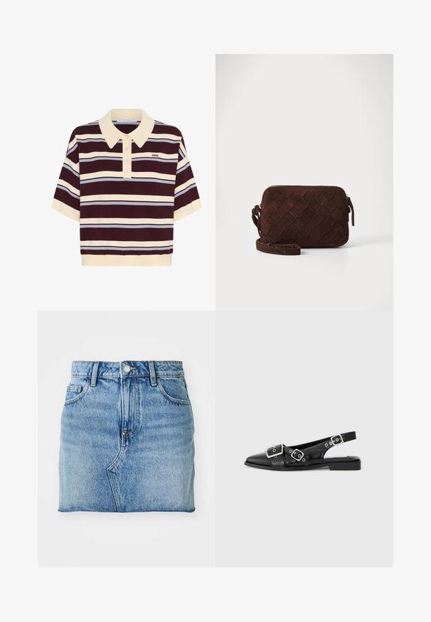 Kortærmet polo-shirt i mørkerød og creme striber med lyseblå accenter, der har krave og knaplukning. Blødt strikket stof.; Denim minisokker har en lys blå farve, lige snit, fem-lomme design og en knaplukning med en subtil falmet tekstur.; Sorte læderslingbacksko med spids tå, to sølvspænder og en lav blokhæl. Har en struktureret overdel og åben bag.; Brun ruskind crossbody taske med et vævet design, lynlåslukning og en justerbar rem. Har en slank, rektangulær form.