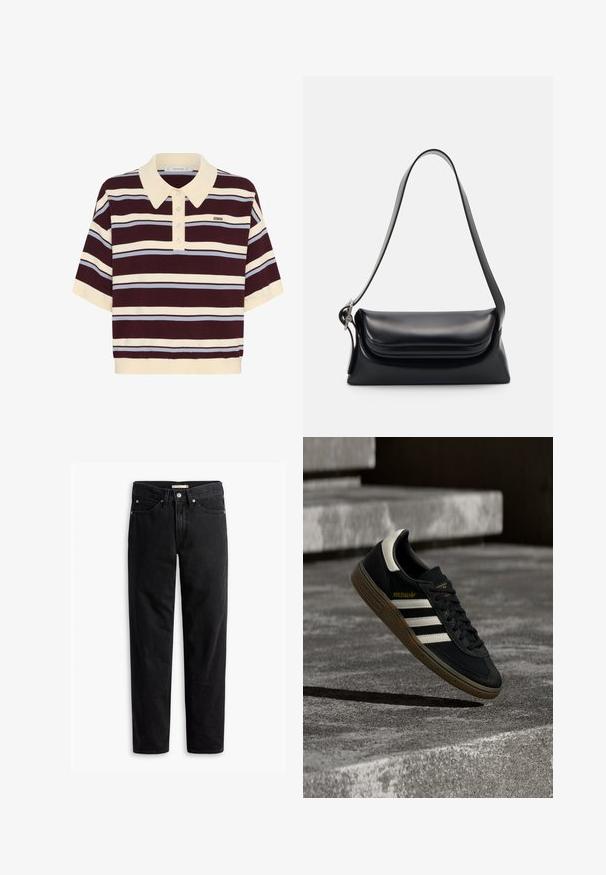 Kortærmet polo-shirt i mørkerød og creme striber med lyseblå accenter, der har krave og knaplukning. Blødt strikket stof.; Sorte straight-leg jeans med knap- og lynlåslukning, bæltestropper samt for- og baglommer, vist fladt på hvid baggrund.; Sort Adidas-sneaker med hvide striber og gummisåler, svævende over grå betontrapper i naturligt lys.; Sort læderhåndvask med en struktureret form, en glat overflade og en enkelt skulderrem. Har et subtilt, rundet klapdesign.
