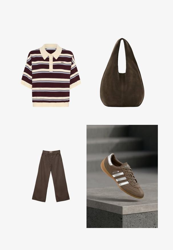 Polo shirt à manches courtes rayé bordeaux et crème avec des accents bleu clair, doté d'un col et d'une patte de boutonnage. Tissus en tricot doux.; Pantalons en denim marron à coupe large avec un design classique à cinq poches, dotés d'une fermeture à bouton et d'une texture lisse.; Baskets en daim marron avec des rayures blanches et des accents argentés, dotées d'une tige texturée, d'un système de laçage et d'une semelle en caoutchouc gomme.; Sac hobo en daim marron foncé doux avec une large bandoulière unique et un fond arrondi sur fond blanc.