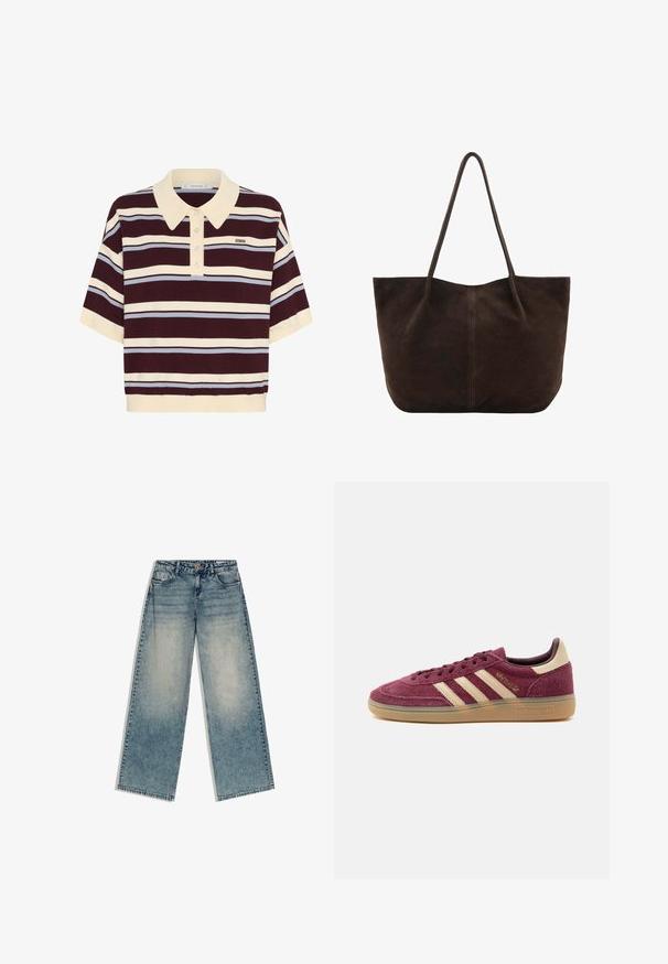 Korte mouwen polo shirt in kastanjebruin en crèmekleurige strepen met lichtblauwe accenten, met een kraag en knoopsluiting. Zacht gebreide stof.; Blauwe denim wijdere broek met een vervaagde wassing, vijfzakkenontwerp, riemlussen en knoopsluiting, plat gelegd op een witte achtergrond.; Laag silhouet bordeaux suède sneaker met beige Adidas-strepen, rubberen zool en goudkleurige "Spezial"-letters opzij, afgebeeld op een witte achtergrond.; Donkerbruine suède shopper met dunne schouderbandjes en een simpel, onbewerkt ontwerp op een witte achtergrond.