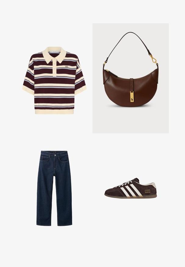 Kortærmet polo-shirt i mørkerød og creme striber med lyseblå accenter, der har krave og knaplukning. Blødt strikket stof.; Mørkeblå denim jeans med et lige ben-design, der har en klassisk fem-pockets stil, synlig syning og en knaplukning i taljen.; Brune ruskindssneakers med tre hvide striber, gummisål og tekstlabel med ordene "Gazelle" i guld. Snørebåndsdesign med grå snørebånd.; Brun læderhåndtaske med buet form, gulddetaljer, lynlås og en lille logoplade foran.