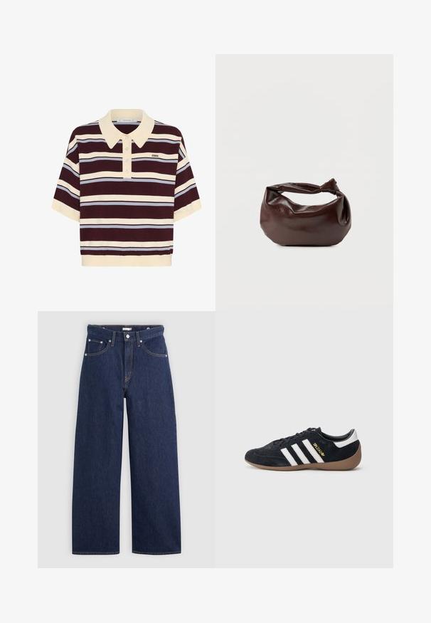 Korte mouwen polo shirt in kastanjebruin en crèmekleurige strepen met lichtblauwe accenten, met een kraag en knoopsluiting. Zacht gebreide stof.; Donkerblauwe denim wijde broek met een hoge taille, voorzien van vijf zakken, riemlussen en details van koperkleurig stiksel. Gladde textuur.; Zwarte suède sneaker met drie witte strepen, een rubberen gumzool en een klein gouden logo aan de zijkant. Heeft een gladde zwarte binnenvoering.; Donkerbruine leren schoudertas met een zachte, slungelige vorm en een gedraaide knoopvormige handgreep op een effen witte achtergrond.