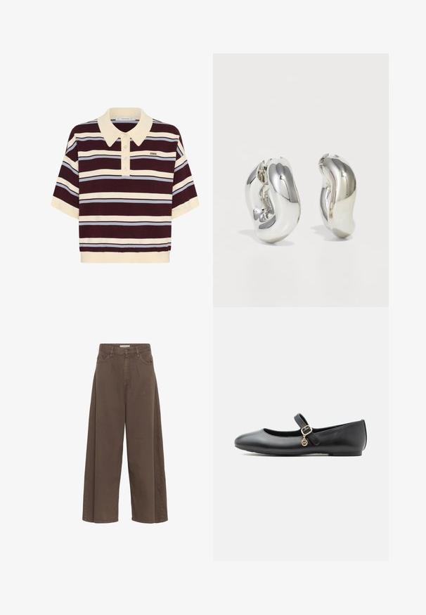 Korte mouwen polo shirt in kastanjebruin en crèmekleurige strepen met lichtblauwe accenten, met een kraag en knoopsluiting. Zacht gebreide stof.; Bruine hooggetailleerde wijde cropped broek met een knoop aan de voorkant, ritssluiting en twee zijzakken.; Zwart leren Mary Jane platte schoen met een kleine gouden gesp en een ronde bedel op een witte achtergrond.; Zilveren sculpturale oorbellen met gladde, gebogen vormen en reflecterende oppervlakken. Voorzien van een gesloten hoepelontwerp en een onderscheidende organische vorm.