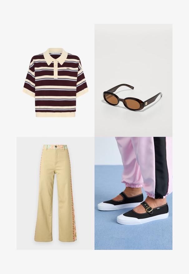 Korte mouwen polo shirt in kastanjebruin en crèmekleurige strepen met lichtblauwe accenten, met een kraag en knoopsluiting. Zacht gebreide stof.; Beige wijde broek met hoge taille, knoopsluiting, tailleband met bloemenpatroon en zijstrepen in pastelkleuren.; Zwarte canvas schoenen met een witte zool, met een uitgesneden ontwerp en een gouden gespband. Draagt met roze joggingsbroek.; Bruine schildpadzonnebril met ovale lenzen, met een dunne montuur en een kleine metalen accent aan de zijkant. Geverfd en gepolijst afwerking.