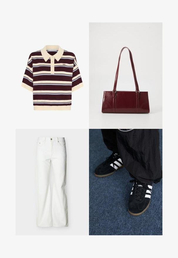Kortærmet polo-shirt i mørkerød og creme striber med lyseblå accenter, der har krave og knaplukning. Blødt strikket stof.; Hvide jeans med høj talje og lige ben, med forreste knap, lynlåslukning samt sidelommer og baglommer, mod en ensartet lys baggrund.; Sorte suedetrainingssko med tre hvide striber og sorte snørebånd. Et tekstureret sort bukser er delvist synligt ved siden af skoene.; Bordeaux håndtaske lavet af glansfuldt materiale, rektangulær form, med to skulderremme og subtile buede detaljer på forsiden.