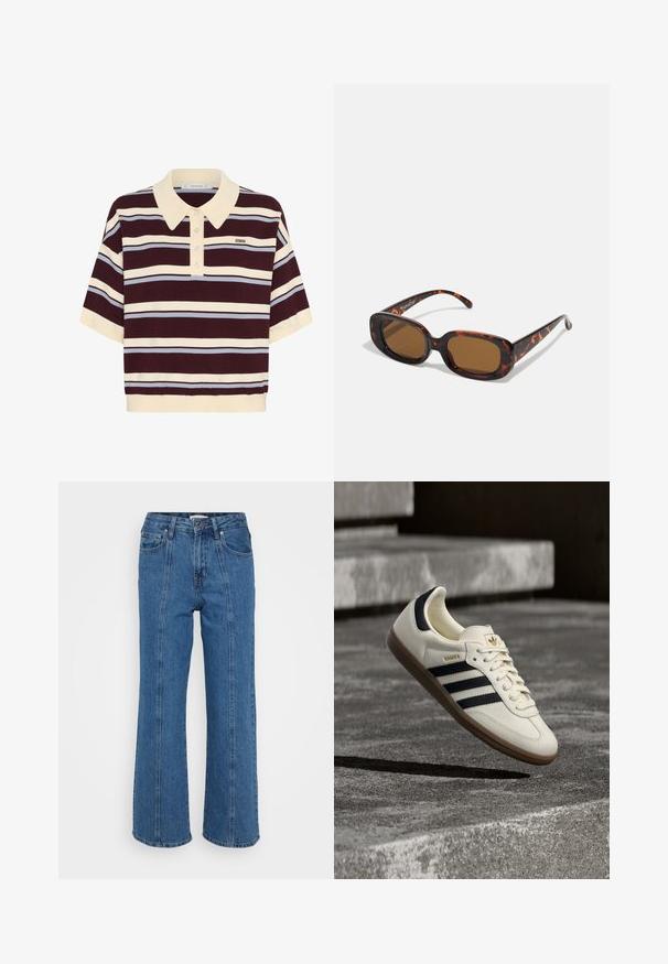 Kortærmet polo-shirt i mørkerød og creme striber med lyseblå accenter, der har krave og knaplukning. Blødt strikket stof.; Blå højtaljede wide-leg jeans med en falmet finish, der har fremtrædende front sømme og fem-lomme design, lavet af denimstof.; Hvid Adidas Samba sneaker med sorte striber og gummsål, svævende over teksturerede grå betonstrin.; Skildpaddefarvede solbriller med rektangulær form, brune linser, glat plastikskelet og tynde stænger med subtile tonale mønstre.