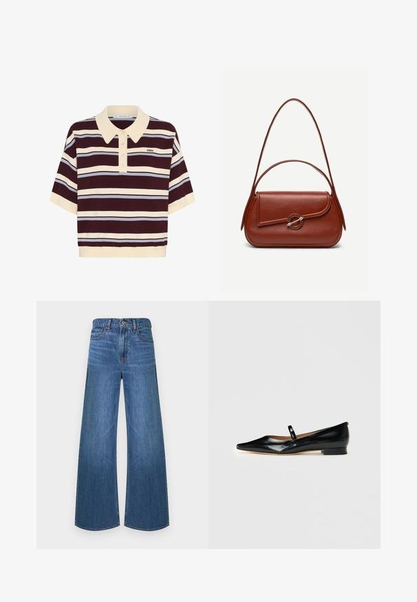 Kortærmet polo-shirt i mørkerød og creme striber med lyseblå accenter, der har krave og knaplukning. Blødt strikket stof.; Bredbenede blå denimjeans med knapper og lynlås foran, fem-lomme-design og bæltestropper, vist mod en hvid baggrund.; Sorte patenterede læder Mary Jane flade sko med spids tå, én rem og lav hæl på ensfarvet baggrund.; Brun skuldertaske i læder med afrundet rektangulær form, asymmetrisk klap, sølvfarvet rund lukning og to tynde stropper.