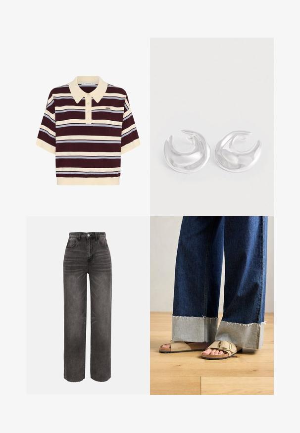 Korte mouwen polo shirt in kastanjebruin en crèmekleurige strepen met lichtblauwe accenten, met een kraag en knoopsluiting. Zacht gebreide stof.; Zwarte, wijd uitlopende denim jeans met hoge taille, voorkantzakken, knoopsluiting en riemlussen, gewassen effect, tegen een effen achtergrond.; Voeten in beige Birkenstock-sandalen met gouden gespen, gecombineerd met donkerblauwe denimspijkerbroeken die bij de boorden opgerold zijn, staande op een houten vloer.; Een paar gepolijste zilveren halvemaanvormige creolen met een glad, reflecterend oppervlak op een witte achtergrond.