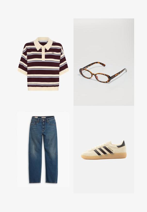 Korte mouwen polo shirt in kastanjebruin en crèmekleurige strepen met lichtblauwe accenten, met een kraag en knoopsluiting. Zacht gebreide stof.; Blauwe denim jeans met een relaxte pasvorm, voorzien van een hoge taille, rechte pijpen, zichtbare stiksels en een kleine accent op de linkerknee.; Crèmekleurige suède sneaker met zwarte strepen, rubberen zool, zwart hieltabje en gouden "SPEZIAL" tekst aan de zijkant.; Schildpadbril met ovale glazen, voorzien van een glanzende afwerking, slanke armen en subtiele patronen die lijken op de strepen van een tijger.