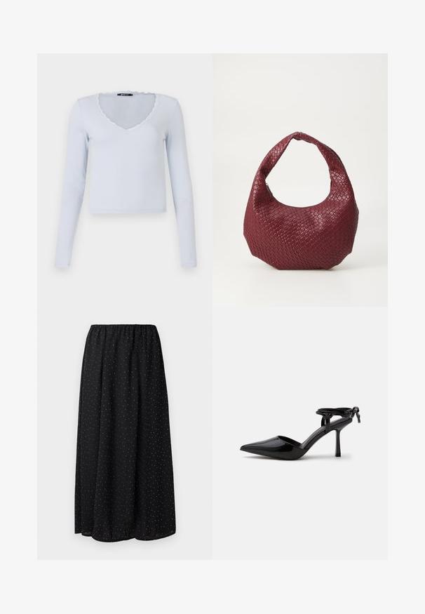 Lichtblauw long-sleeve top met een geribbelde textuur, V-halslijn en geschulpte kantafwerking rond de halslijn en mouwen.; Zwarte rok van lichtgewicht stof met een geplooide tailleband. Het heeft een patroon van kleine witte stippen door de stof heen.; Zwarte lakleren hoge hakken schoen met spits toelopende neus en enkelbandje achter gebonden in een knoop, afgebeeld op een effen witte achtergrond.; Geweven bordeaux handtas met een afgeronde silhouet, een enkele handgreep en een gestructureerde afwerking. Ritssluiting aan de bovenkant.