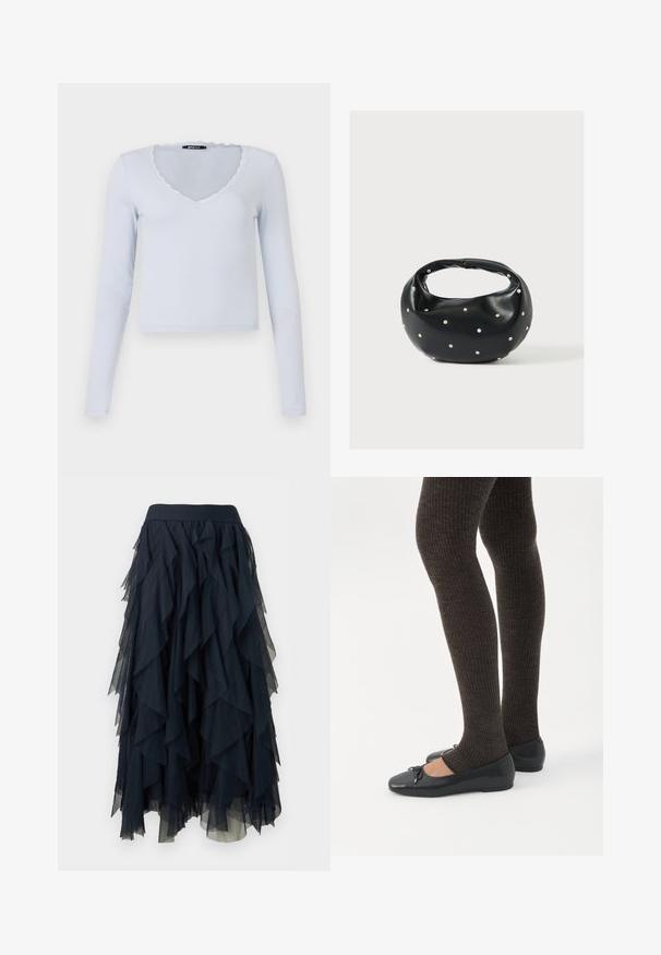 Lichtblauw long-sleeve top met een geribbelde textuur, V-halslijn en geschulpte kantafwerking rond de halslijn en mouwen.; Zwarte midi-rok van gelaagd tule met geplooide, watervalvormige panelen en een nauwsluitende tailleband.; Benen met donkere geribbelde leggings gecombineerd met zwarte ballerina's met kleine strikdetails op een witte achtergrond.; Zwarte leren handtas met een afgeronde vorm, versierd met zilveren studs, en een korte handgreep. Gladde textuur en ritsluiting.