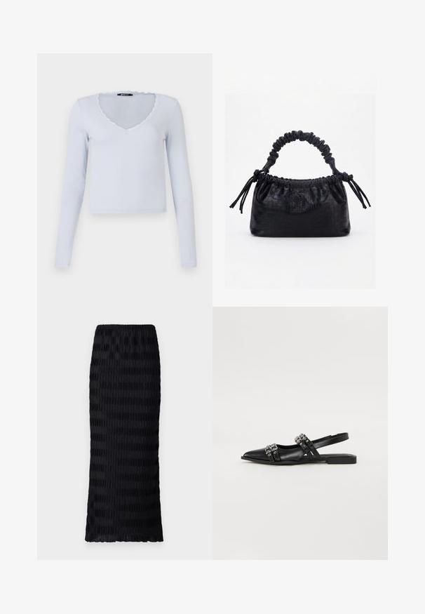 Top de manga larga azul claro con textura acanalada, escote en V y borde de encaje con forma de concha alrededor del escote y las mangas.; Falda negra hasta la rodilla con un diseño texturizado y plisado. Cintura elástica, tela suave con rayas alternas mates y brillantes.; Even&Odd by Zalando Bailarinas con tira trasera - black; Bolso negro con textura de cocodrilo, borde superior fruncido, asa recogida y cordones con borlas en cada lado sobre un fondo blanco.