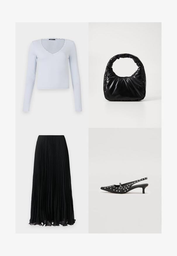 Top de manga larga azul claro con textura acanalada, escote en V y borde de encaje con forma de concha alrededor del escote y las mangas.; Falda midi plisada negra con tela translúcida y cinturilla elástica, presentada plana sobre un fondo blanco.; Zapatos de tacón bajo negros tipo slingback con punta afilada, decorados con tachuelas plateadas, que presentan un detalle de correa con hebilla.; Bolso negro acolchado con un asa redondeada, que presenta una superficie lisa y brillante y una textura suave y acolchada. Sin herrajes ni acentos visibles.