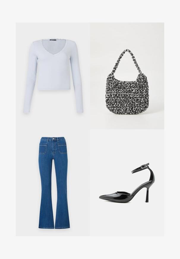 Top de manga larga azul claro con textura acanalada, escote en V y borde de encaje con forma de concha alrededor del escote y las mangas.; Jeans de corte acampanado en azul con una cintura alta, hechos de mezclilla. Cuenta con dos bolsillos traseros y un cierre de botón metálico en la parte delantera. Diseño limpio y minimalista.; Zapato de tacón alto de charol negro con punta puntiaguda, correa en el tobillo y hebilla plateada, tacón de aguja, vista lateral sobre fondo liso.; Bolso de mano tejido en blanco y negro con forma redondeada, superficie texturizada y asa trenzada. Adecuado para uso casual.
