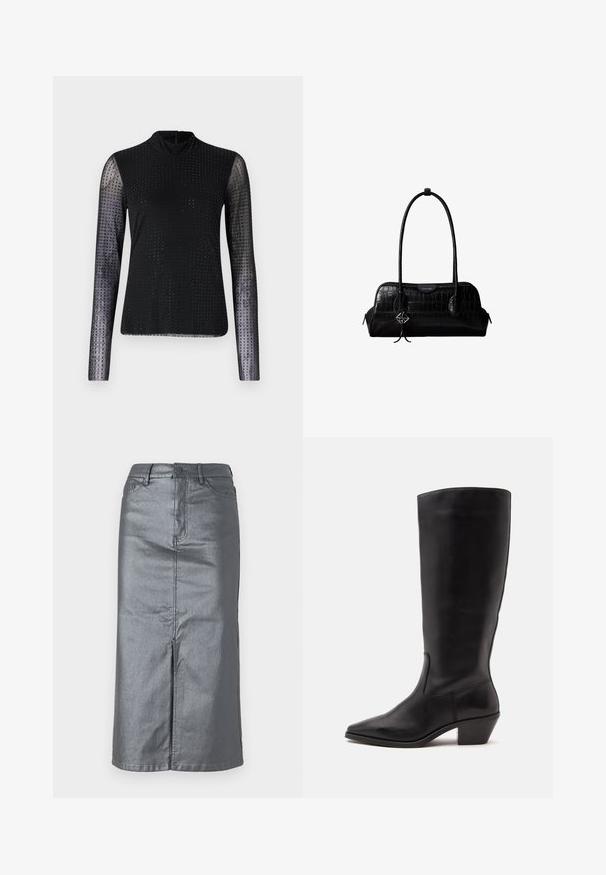 Sort langærmet top med gennemsigtige meshærmer, en høj hals og et mønster af små prikker over kroppen og ærmerne.; Metalgrå denim-nederdel med en lige form, for-slids, fem-lomme design og knaplukning i taljen. Flade sømme er synlige.; Sort læderstøvle til midtkalv med spids tå og lavt skråt hæl på en enkel lys baggrund.; Sort skuldertaske i krokodillelæder med lange stropper og lille sølvlogo-charm på den ene strop.