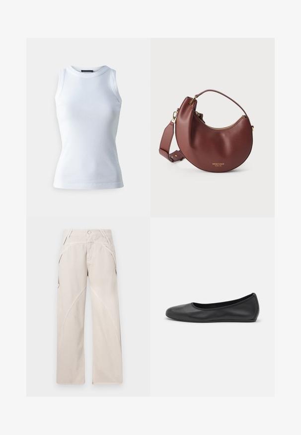 T-shirt sans manches blanc en tissu côtelé, avec un col rond et une silhouette ajustée. Texture lisse, sans motifs ni accents visibles.; Pantalons larges beiges en tissu mélangé coton, avec des détails de coutures courbées, une fermeture à bouton et des poches latérales. Conception à plat à l'avant.; Ballerines en cuir noir avec un bout rond, texture lisse, détails de couture minimalistes et design de semelle flexible.; Sac à main en cuir marron en forme de croissant avec fermeture éclair dorée et bandoulière réglable sur fond blanc.