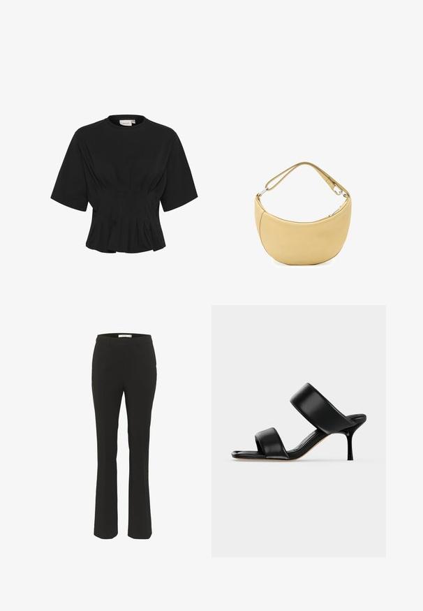 Zwarte kortärm top met een ronde halslijn, voorzien van geplooide details en een strakke lijfje dat uitloopt bij de zoom. Gemaakt van zacht materiaal.; Zwarte op maat gemaakte broek met een slim fit, klokvormige onderkant, platte voorkant en geen zichtbare zakken. Gemaakt van een gladde stof met minimale naden.; Zwarte leren mule sandaal met twee brede banden en een slanke, middelhoog stilettohak op een effen lichte achtergrond.; Zachte beige leren schoudertas in de vorm van een halve maan met verstelbare riem en zilveren ritssluiting.