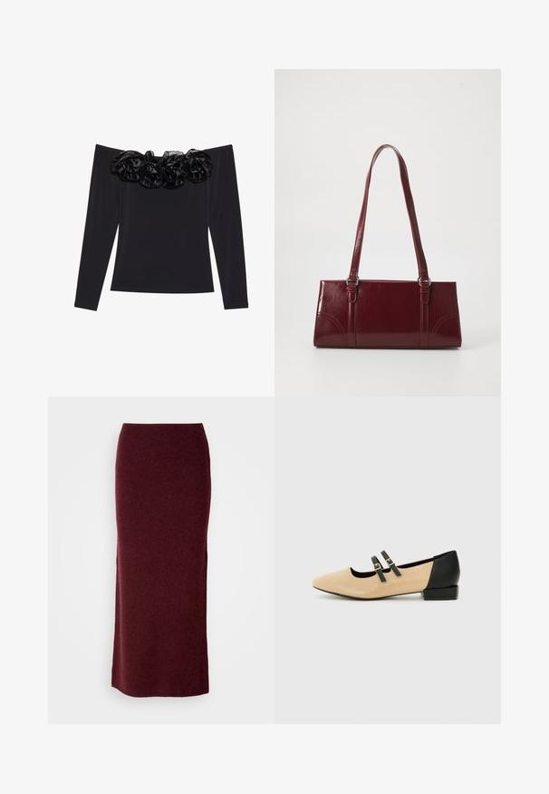 Sort off-shoulder top med lange ærmer, der har en tekstureret blomsterkant i sort velour langs halsudskæringen.; Bordeaux uld maxi nederdel med en tætsiddende silhuet, glat tekstur og lige kant. Ingen synlige lukninger eller udsmykninger.; Beige læder flad sko med spids tå, sort hæl og to sorte remme henover. Enkel design med en mat tekstur.; Bordeaux håndtaske lavet af glansfuldt materiale, rektangulær form, med to skulderremme og subtile buede detaljer på forsiden.