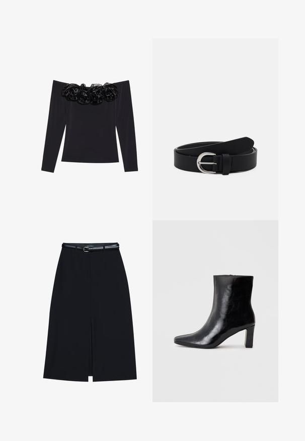 Sort off-shoulder top med lange ærmer, der har en tekstureret blomsterkant i sort velour langs halsudskæringen.; Sort knælang nederdel med en foran slids, lavet af glat stof. Har et tyndt sort bælte med en sølvfarvet spænde og bæltestropper.; Sorte ankelstøvler lavet af blank læder, med spidse tæer og en mellemstor blokhæl, med en glat tekstur og et enkelt design.; Sort læderbælte med en sølv rund spænde, flad design, spids ende, glat tekstur og minimalistisk stil.