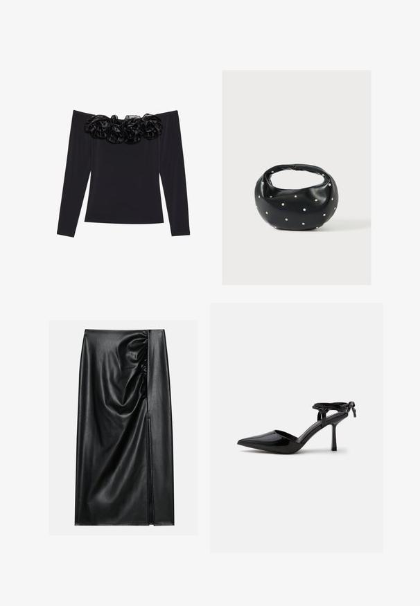 Top negro sin mangas con largas mangas, que presenta un borde floral texturizado de terciopelo negro a lo largo del escote.; Falda de cuero negro con una textura suave, con una sección fruncida en un lado y una abertura lateral para añadir detalle.; Zapato de tacón alto de cuero charol negro con punta puntiaguda y correa en el tobillo atada en un nudo en la parte trasera, mostrado sobre un fondo blanco liso.; Bolso de mano de cuero negro con forma redondeada, decorado con detalles de tachuelas plateadas y un asa corta. Textura lisa y cierre con cremallera.