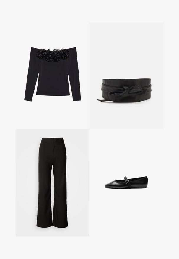 Top negro sin mangas con largas mangas, que presenta un borde floral texturizado de terciopelo negro a lo largo del escote.; Pantalones de pierna ancha negros con una textura suave, cintura alta y un diseño limpio. Sin bolsillos visibles ni adornos.; Zapato plano negro de cuero con punta afilada, correa ajustable con hebilla de metal, textura suave y diseño minimalista.; Cinturón de cuero negro con una textura suave, diseño de banda ancha, con un acento anudado en la parte frontal y una forma simple y elegante.
