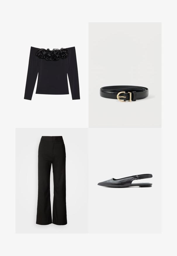 Sort off-shoulder top med lange ærmer, der har en tekstureret blomsterkant i sort velour langs halsudskæringen.; Sorte bukser med bred benvidde, glat tekstur, høj talje og et enkelt design. Ingen synlige lommer eller udsmykninger.; Sort læder flad slingbacksko med spids tå, lav hæl og justerbar rem på lys baggrund.; Sort læderbælte rullet med en guldrund metalspænde og bælteslynge på en hvid baggrund.