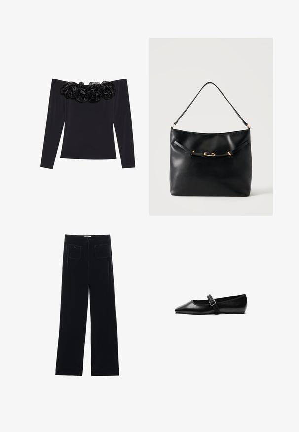 Sort off-shoulder top med lange ærmer, der har en tekstureret blomsterkant i sort velour langs halsudskæringen.; Sorte velour bredbukser med to baglommer og en glat tekstur, der har en lige skæring og syede afslutninger ved anklerne.; Sorte flade sko lavet af læder med spidse tæer, justerbar rem med metalspænde, glat tekstur og minimalistisk design.; Sort skuldertaske i læder med en enkel strop og en lille guldlåsdetalje foran mod en ensfarvet lys baggrund.