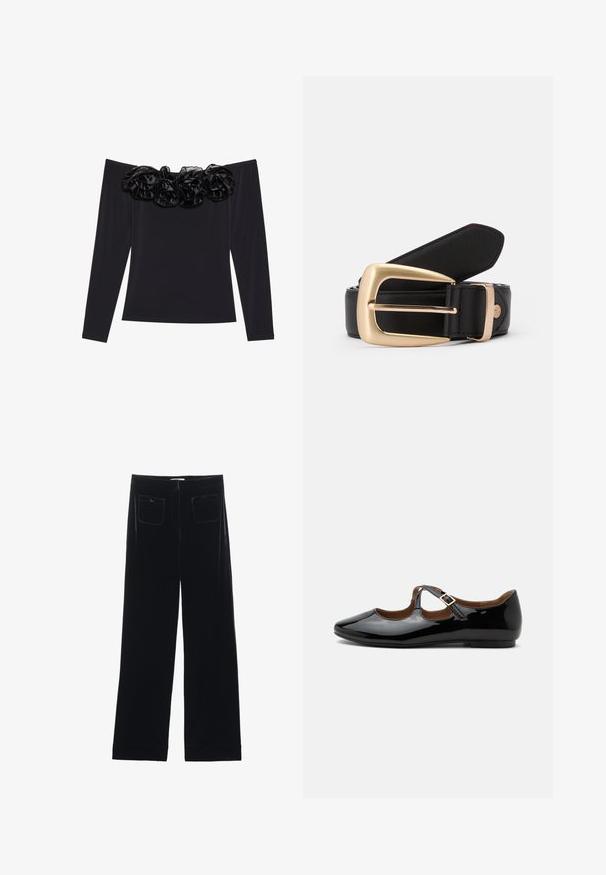 Sort off-shoulder top med lange ærmer, der har en tekstureret blomsterkant i sort velour langs halsudskæringen.; Sorte velour bredbukser med to baglommer og en glat tekstur, der har en lige skæring og syede afslutninger ved anklerne.; Sort laklæder Mary Jane-flad sko med to udskæringer og en guldbuckelrem på hvid baggrund.; Sort læderbælte med en gylden rektangulær spænde. Bæltet har en glat overflade og en subtil syning langs kanterne.