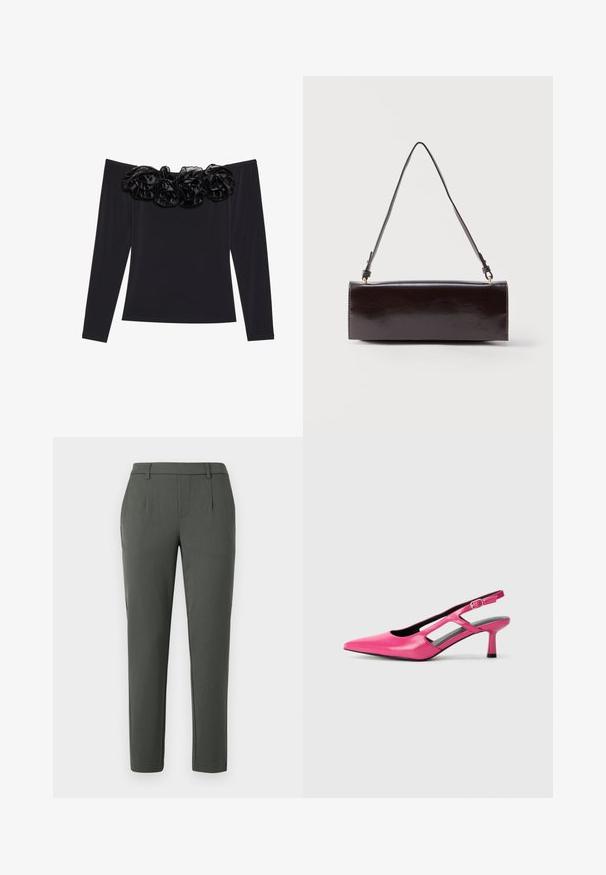 Sort off-shoulder top med lange ærmer, der har en tekstureret blomsterkant i sort velour langs halsudskæringen.; Mørkegrønne bukser med skræddersyet pasform, der har to sidelommer, lynlås, og lægdetaljer for en struktureret design.; Rosa læder slingback stilet med spids tå, udskæringsdetaljer og en lav hæl. Glat tekstur og justerbar spænde.; Rektangulær sort læderhåndtaske med en enkelt lang rem og blank finish, vist mod en ensfarvet hvid baggrund.