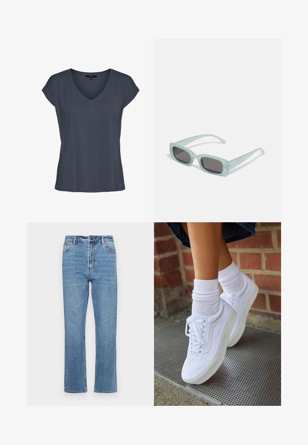 Mørkegrå kortærmet dameskjorte med V-hals, afslappet pasform og let sænkede skuldre, vist fladt på en hvid baggrund.; Lyseblå denimjeans med lige ben, fem lomme-design, frontknaplukning og subtil falmning på stoffet.; Hvide lærreds sneakers med gummisåler, der har seks snørehuller, rund tå og let sømdetaljer, krydret med hvide ankelstrømper.; Et par rektangulære solbriller med lyseblå gennemsigtige stel og mørkegrå linser, der har lige templer og minimale hardware detaljer.
