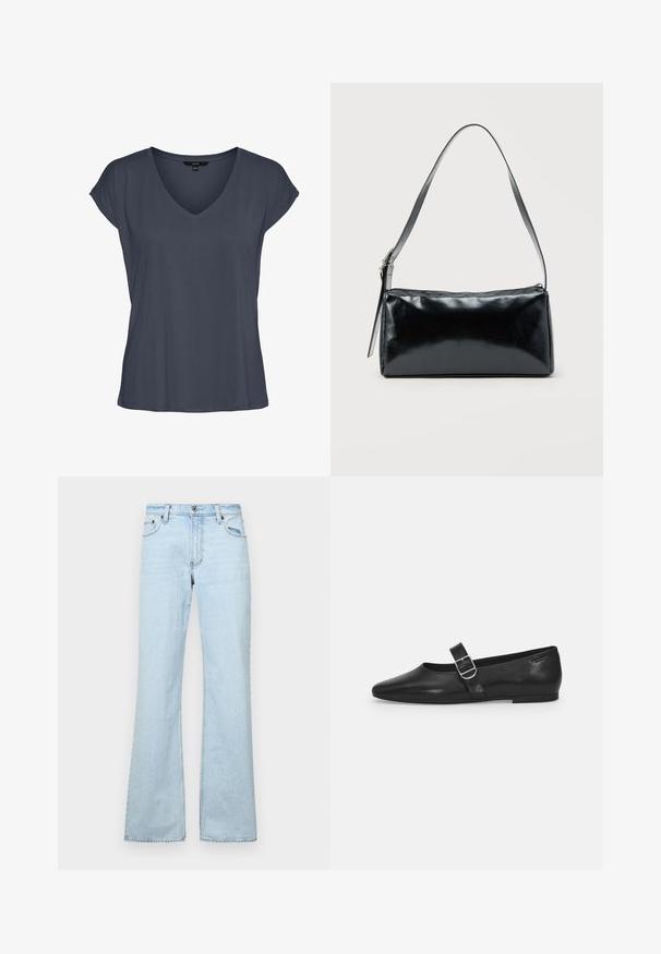 Dunkelgraues Damen-T-Shirt mit V-Ausschnitt, kurzen Ärmeln, lockerem Schnitt und leicht hängenden Schultern, flach auf weißem Hintergrund dargestellt.; Hellblaue Schlagjeans aus Denim, mit fünf Taschen, einem vorderen Knopfverschluss und Ziernähten. Glatte Textur, lässiges Design.; Schwarzer Lederflatschuh mit runder Zehenform, einem verstellbaren Schnallenriemen und einer glatten, glänzenden Oberfläche. Minimalistisches Design mit einem niedrigen Absatz.; Schwarze rechteckige Schultertasche mit einem verstellbaren Riemen und einem oberen Reißverschluss vor einfachem Hintergrund.