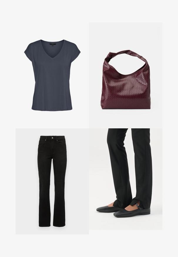 Mørkegrå kortærmet dameskjorte med V-hals, afslappet pasform og let sænkede skuldre, vist fladt på en hvid baggrund.; Sorte denimjeans med en flagrende benedesign, mellemhøj talje, fem lommer og knaplukning. Materialet har en glat, robust tekstur.; Ben iført sorte smalle bukser med forreste slidser ved kanten, parret med sorte flade Mary Jane-sko med lille spænde.; Burgunderfarvet taske med et tekstureret, vævet mønster, blødt lædermateriale og et enkelt, knyttet håndtag. Rummeligt, hobo-stil design.