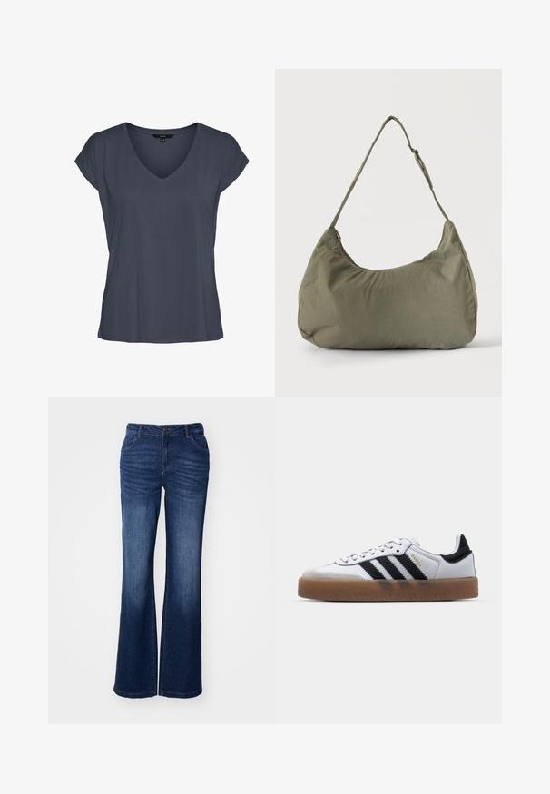 Camiseta de mujer de manga corta y cuello en V de color gris oscuro, con ajuste holgado y hombros ligeramente caídos, mostrada extendida sobre un fondo blanco.; Jeans de mezclilla azul de pernera acampanada con una cintura de altura media, cinco bolsillos y un sutil desgastado en los muslos. Presentan un cierre frontal con botón y cremallera.; Zapatillas de cuero blancas con rayas negras, suela de goma, puntera redonda, cierre de cordones y caperuza de ante gris suave.; Bolso de hombro de tela suave color verde oliva con cierre de cremallera y correa ajustable sobre un fondo liso y claro.