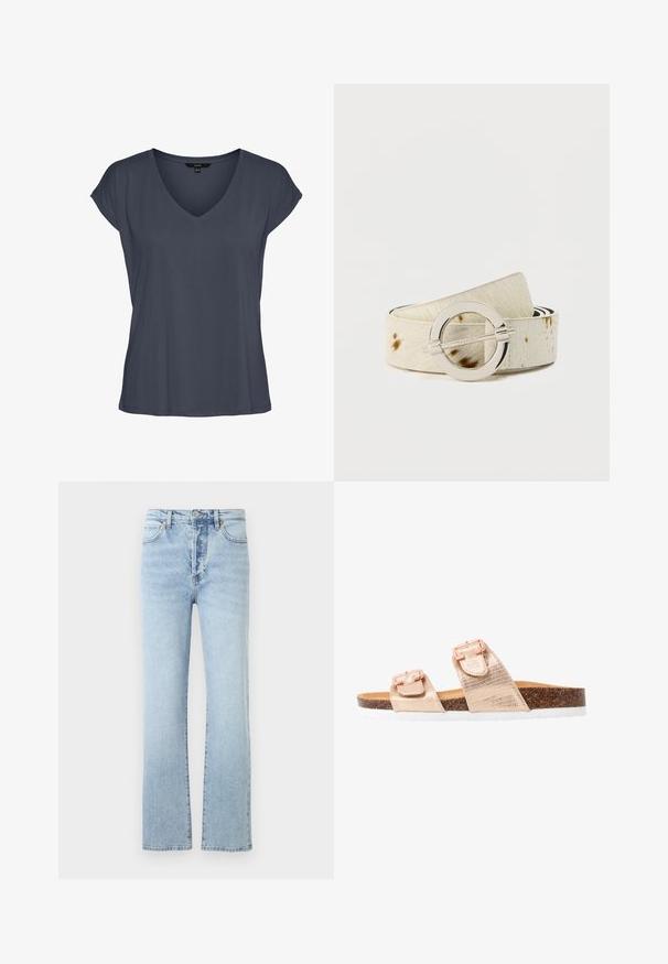 Mørkegrå kortærmet dameskjorte med V-hals, afslappet pasform og let sænkede skuldre, vist fladt på en hvid baggrund.; Lys blå denim jeans med lige ben-design, featuring høj talje, klassisk fem-pockets stil, og subtil falmning.; Guldmetallic to-bånd slide sandal med struktureret overdel, justerbare spænder og en korksål på en hvid gummisål.; Hvidt bælte lavet af struktureret hår-på-nakker læder med brune pletter. Har en rund spænde i sølvfarve og sort indvendigt foret.