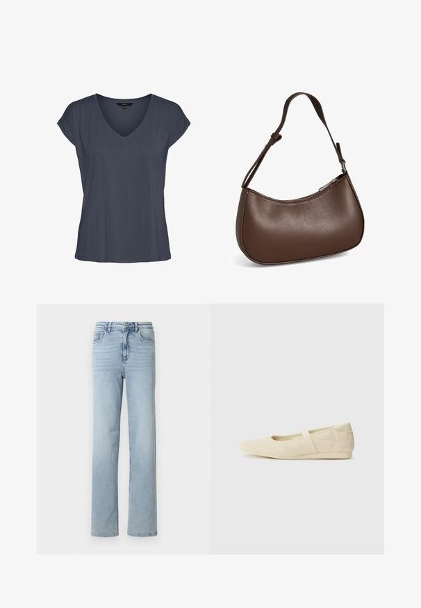 Mørkegrå kortærmet dameskjorte med V-hals, afslappet pasform og let sænkede skuldre, vist fladt på en hvid baggrund.; Lyseblå denimjeans med lige ben, klassisk fem-lomme design og knap- og lynlåslukning i taljen.; Lysebrune ballet flats med en glat læderoverflade, mandelformet tå og elastisk rem over vristen, med diskrete syninger.; Lille brun skuldertaske i læder med justerbar rem og lynlåslukning, vist mod hvid baggrund. Ingen synligt branding eller dekorationer.