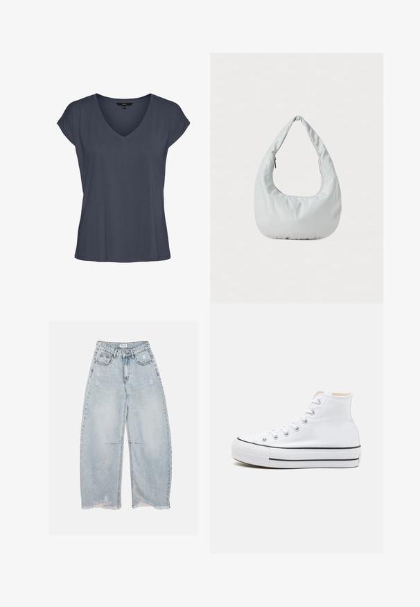 Dunkelgraues Damen-T-Shirt mit V-Ausschnitt, kurzen Ärmeln, lockerem Schnitt und leicht hängenden Schultern, flach auf weißem Hintergrund dargestellt.; Hellblaue Jeans mit weitem Bein aus Denim, mit ausgewaschenen Details und ausgefransten Säumen, mit vorderen Taschen, Gürtelschlaufen und Knopfverschluss.; Weiße High-Top-Sneaker aus einem Material aus Segeltuch, mit schwarzer Gummisohle und kontrastierendem schwarzen Streifen auf der Zwischensohle. Runde Zehenkappe und Schnürdesign.; Weiche, hellgraue Hobo-Tasche aus synthetischem Material. Verfügt über einen gepolsterten Tragegriff und ein seitliches Reißverschlussfach.