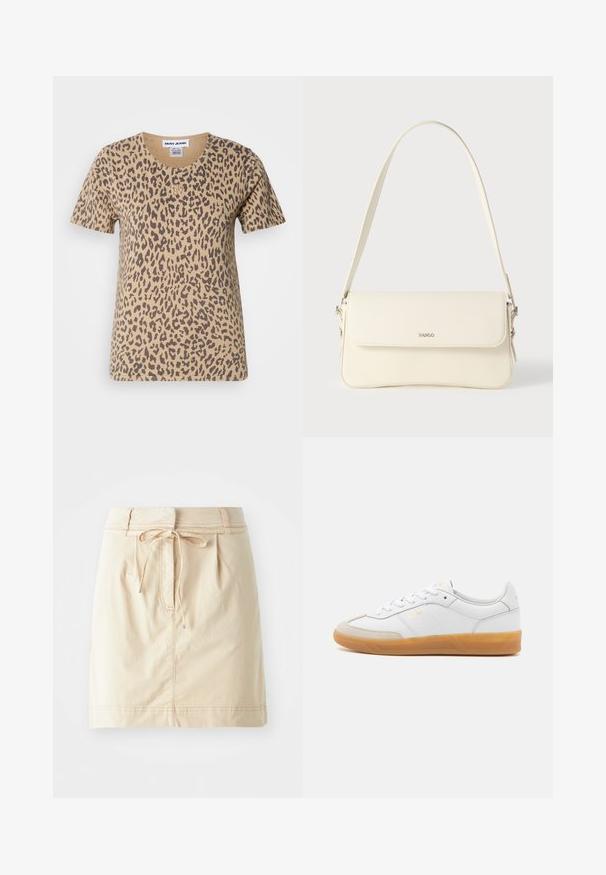 Kortærmet beige t-shirt med leopardmønster, der har en rund halsudskæring og et lille guld logo-akkcent på forsiden.; Khaki nederdel lavet af letvægtsstof med en tætsiddende talje, snor detaljer, læg og diskret syninger. Glat tekstur.; Hvide lædersneakers med beige ruskindsdetaljer, gummisål og snøredesign. Har diskret branding i guld.; Cremefarvet læder skuldertaske med flaplukning, sølvfarvet beslag, en enkelt justerbar rem og diskrete logodetaljer.