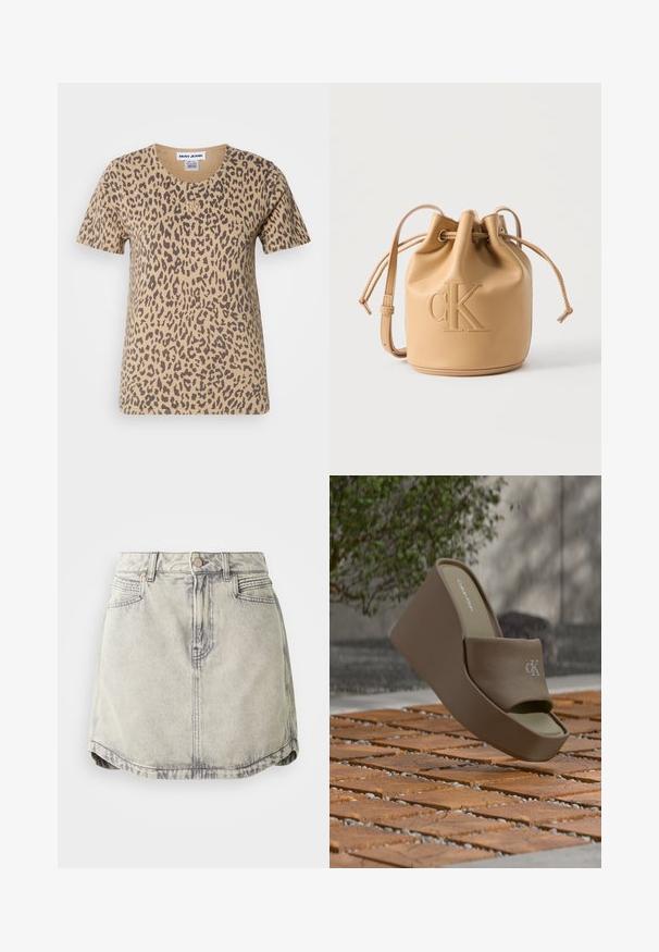 Kortærmet beige t-shirt med leopardmønster, der har en rund halsudskæring og et lille guld logo-akkcent på forsiden.; Denim nederdel i lys grå med en falmet tekstur, der har en knappet talje, forlommer og en let buet sømdesign.; Brun Calvin Klein platform slide sandal med stofrem og præget "ck" logo på trægulv udendørs.; Tanfarvet læderbuckettaske med snørelukning og justerbar skulderrem, præget med stort "cK"-logo foran.