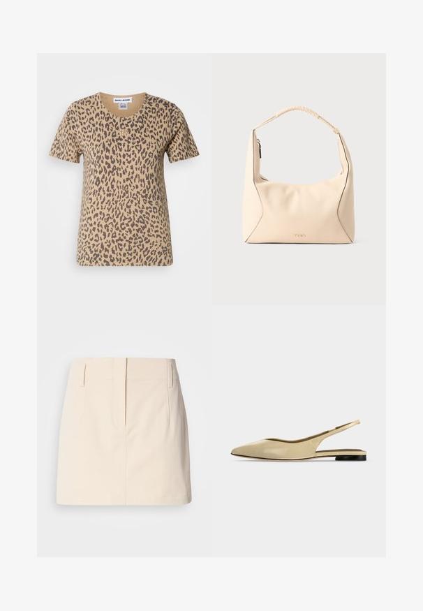 Kortærmet beige t-shirt med leopardmønster, der har en rund halsudskæring og et lille guld logo-akkcent på forsiden.; Calvin Klein Jeans SKIRT - A-snit nederdel - fog; Beige spids tå slingback flad sko med lav sort hæl og en glat læderfinish, vist fra siden på en ensfarvet baggrund.; Cremefarvet læderhåndtaske med flet håndtag og guldlynlås, med subtilt præget "HUGO" logo i midten foran.