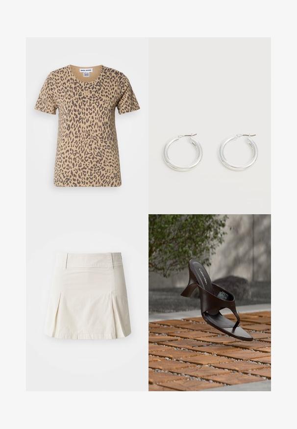 Kortærmet beige t-shirt med leopardmønster, der har en rund halsudskæring og et lille guld logo-akkcent på forsiden.; Lys beige bomuldsnederdel med en tætsiddende talje, plisseret design og lige kant, som har en glat tekstur uden synlig hardware.; Brun Calvin Klein hælet thong sandal svævende over træflise og grus udendørs med sløret grønt og stenmur i baggrunden.; Par mellemstore skinnende sølv hoops øreringe med tynde metal spænder på en lys neutral baggrund.