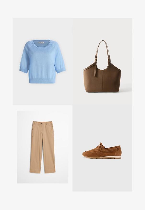 Pull bleu clair à manches courtes avec encolure ronde et poignets et ourlet côtelés, étiqueté Marc O'Polo Denim.; Pantalon beige en coton avec jambes droites, fermeture à bouton sur le devant et texture lisse. Comprend des passants de ceinture standard et un design à l'avant plat.; Mocassin en cuir suédé marron avec détail de lacet, semelle en caoutchouc blanche et beige, présenté de profil sur un fond clair uni.; Sac cabas en cuir marron avec bandoulière ajustable et boucle dorée, texture lisse, présenté sur fond blanc uni.