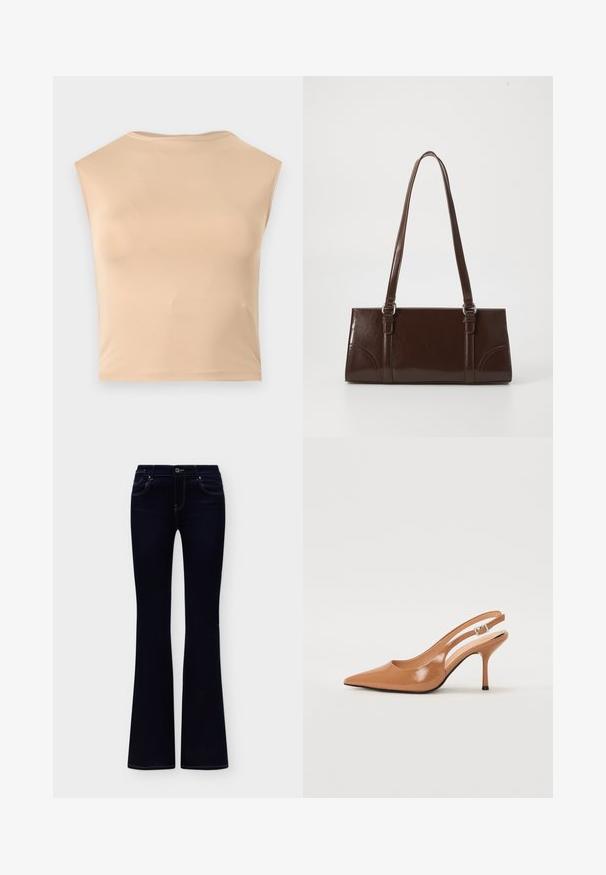Haut court beige sans manches avec un col rond haut, un tissu lisse et un ourlet droit, présenté sur un fond blanc uni.; Jean femme bleu foncé taille haute avec jambes évasées, poches avant et surpiqûres contrastantes, présenté sur un fond uni.; Escarpin à talon slingback à bout pointu en matériau beige lisse et brillant. Présente un design de découpes courbées et un talon aiguille fin. Détail de boucle en argent.; Sac à main en cuir verni marron de forme rectangulaire, avec deux longues poignées et des accents courbés subtils à l'avant.