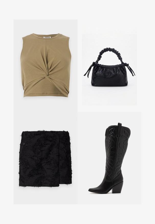 Khaki bezrukávový crop top vyrobený z jemnej tkaniny, s prekrúteným predným dizajnom a výstrihom v tvare okrúhliaka pre priliehavý siluetu.; Čierna sukňa s textúrovanou tkaninou a rozstrapkanými akcentmi. Štvorcový strih, dĺžka nad kolená a detail bočných gombíkov.; Čierne kožené čižmy po kolená so špicatou špičkou a vrstveným podpätkom. Majú dekoratívne prešívanie a zakrivené dizajnové prvky.; Čierna kabelka s krokodíľou textúrou, riaseným horným okrajom, zhromaždenou rukoväťou a šnúrkami s strapcami na každej strane na bielom pozadí.