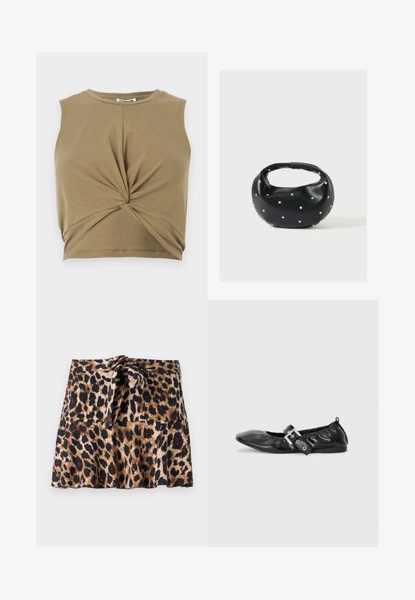 Khaki värvi ilma varrukat crop top, mis on valmistatud pehmest kangast, omades keeratud esiosa kujundust ja ümarat kaelust, et saavutada kehakujuline siluett.; Leopardimustriga mini seelik, mis on valmistatud pehmest kangast, flöödidisainiga, sidumisega vöökoht ja kontrastsed mustad ning pruunid laigud beeži taustal.; Must musta lamega, millel on terav nina, kokkukogutud detailid avause ümber ja hõbedane pandla aktsent reguleeritaval rihmal.; Mustast nahast ümmarguse kujuga käekott, kaunistatud hõbedaste naeladega, lühikese sangaga. Sile tekstuur ja tõmblukuga sulgemine.