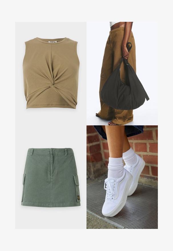 Khaki bezrukávový crop top vyrobený z jemnej tkaniny, s prekrúteným predným dizajnom a výstrihom v tvare okrúhliaka pre priliehavý siluetu.; Zelená riflová sukňa s priliehavým pásom, dvoma bočnými vreckami a nášivkou na dolnom pravom rohu. Hladká textura s jemným leskom.; Biele plátené tenisky s gumovou podrážkou, s piatimi dierkami na šnúrky, okrúhlou špičkou a svetlými švami, doplnené o biele členkové ponožky.; Osoba nosiaca hnedé široké nohavice a biely top drží veľkú čiernu mäkkú kabelku za popruh pri svojom boku.