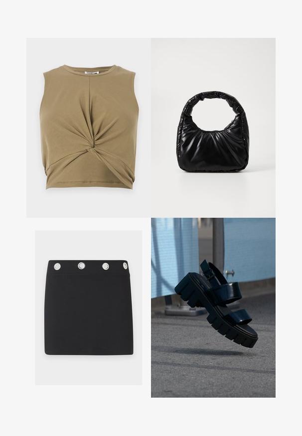 Khaki värvi ilma varrukat crop top, mis on valmistatud pehmest kangast, omades keeratud esiosa kujundust ja ümarat kaelust, et saavutada kehakujuline siluett.; Must mini seelik lai vööga, millel on neli suurt ümmargust hõbedast metallist silma ühtlaselt paigutatud ülemisel serval.; Mustad paksu tallaga platvormsandaal kahe rihma ja pandlaga, õhus hõljuv, taustal hall asfaldipind ja sinine kangas.; Must mustaga, millel on ümar käepide, särav ja sile pind ning pehme quiltitud tekstuur. Nähtavaid metallosi ega aktsente ei ole.