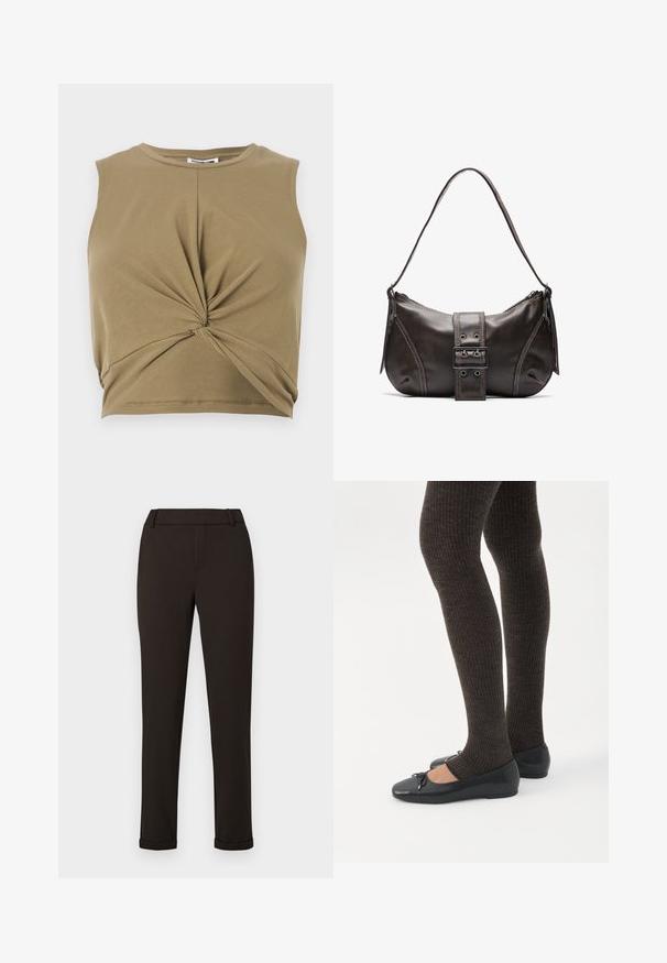 Khaki bezrukávový crop top vyrobený z jemnej tkaniny, s prekrúteným predným dizajnom a výstrihom v tvare okrúhliaka pre priliehavý siluetu.; Čierne slim-fit nohavice s pútkami na opasok a manžetami na jednofarebnom bielom pozadí.; Nohy v tmavých pásikavých legínach v kombinácii s čiernymi balerínkami s malými mašličkami na bielom pozadí.; Hnedá kožená taška cez plece s zakriveným tvarom, s výrazným detailom sponky, kontrastným prešívaním a jedným popruhom na plece.